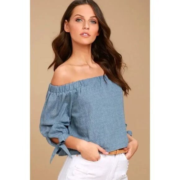 Lulu's Tender Moments Chambray Off the Shoulder Tie Sleeve Cropped Blouse Top - Picture 3 of 10